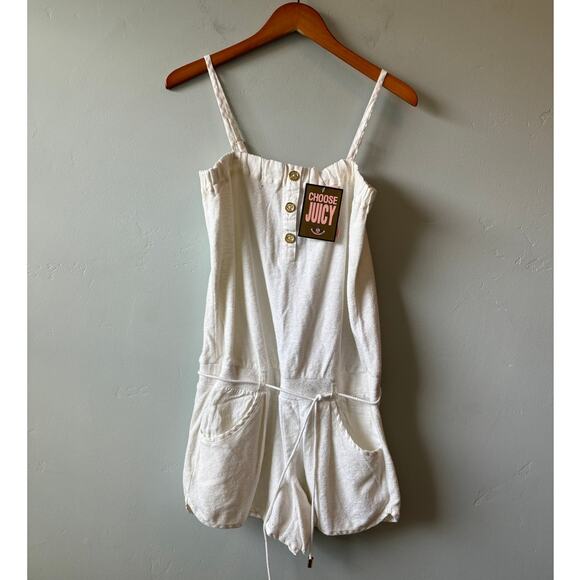 y2k NWT Juicy Couture White Terry Cloth Button Front Romper - Picture 1 of 6